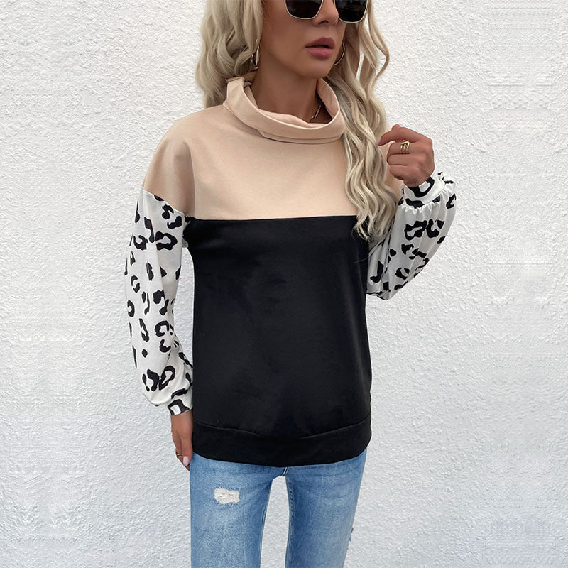 Loose Color-Block Pullover with Leopard Print Sleeves and Turtleneck