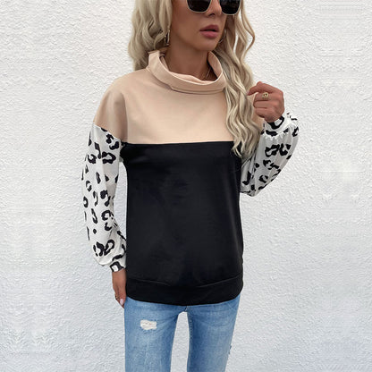 Loose Color-Block Pullover with Leopard Print Sleeves and Turtleneck