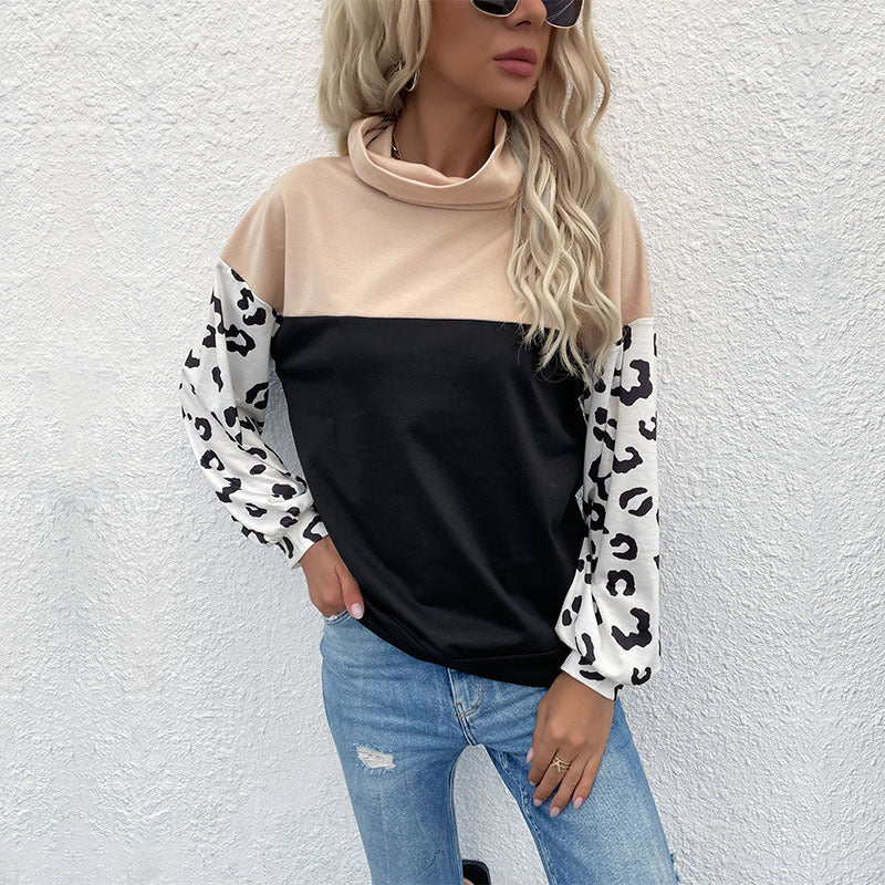 Loose Color-Block Pullover with Leopard Print Sleeves and Turtleneck