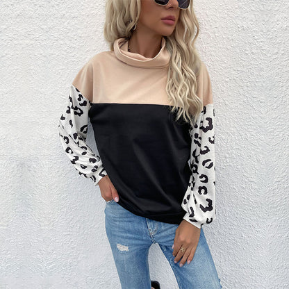Loose Color-Block Pullover with Leopard Print Sleeves and Turtleneck