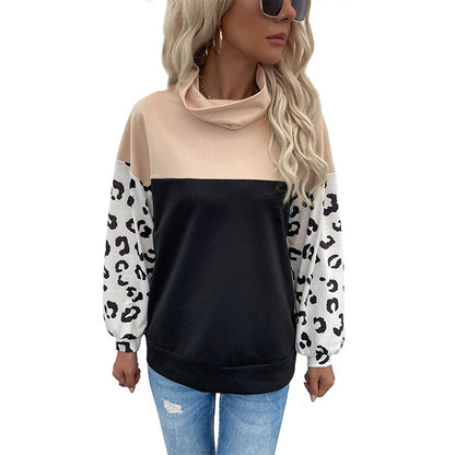Loose Color-Block Pullover with Leopard Print Sleeves and Turtleneck