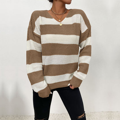 Loose Striped Waffle Knit Sweater with V-Neck
