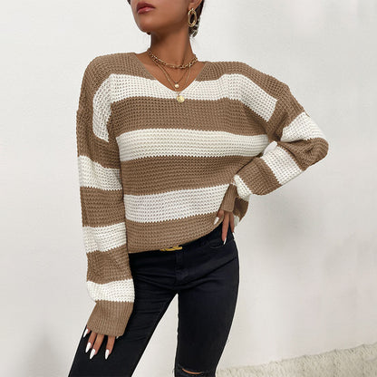 Loose Striped Waffle Knit Sweater with V-Neck