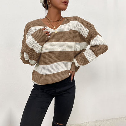 Loose Striped Waffle Knit Sweater with V-Neck