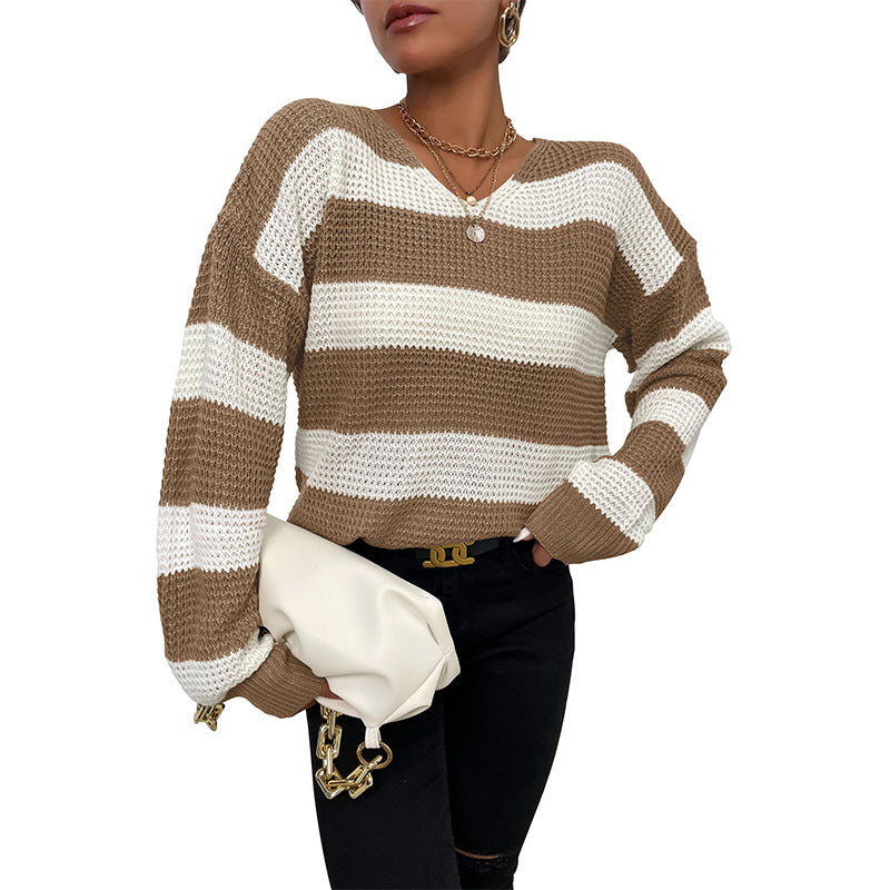 Loose Striped Waffle Knit Sweater with V-Neck