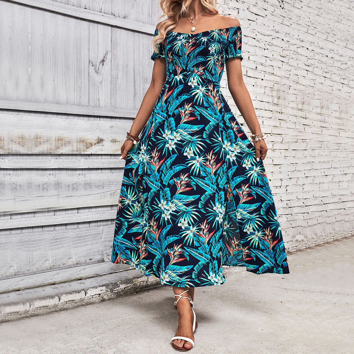 Tropical Floral A-Line Midi Dress with Off-Shoulder and Slit