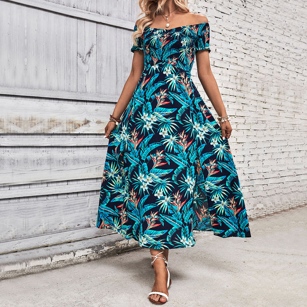Tropical Floral A-Line Midi Dress with Off-Shoulder and Slit
