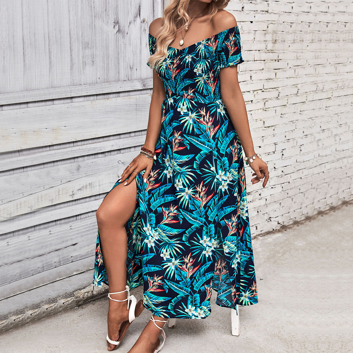 Tropical Floral A-Line Midi Dress with Off-Shoulder and Slit