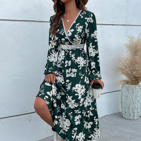 Green Floral Midi Dress with V-Neck and Slit Hem
