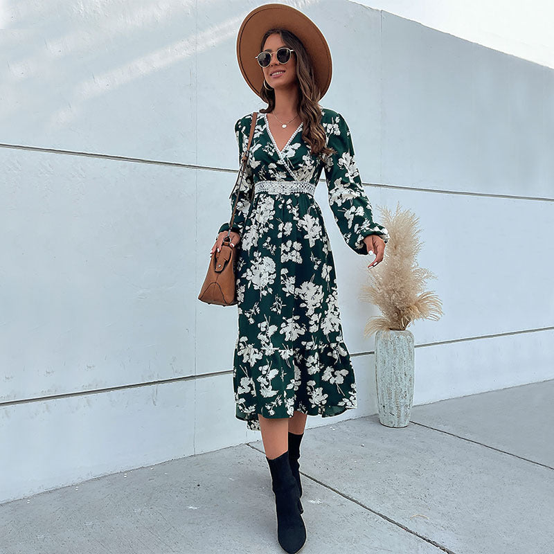 Green Floral Midi Dress with V-Neck and Slit Hem