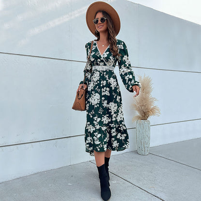 Green Floral Midi Dress with V-Neck and Slit Hem