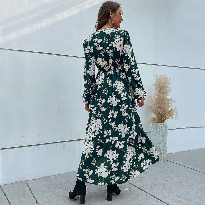 Green Floral Midi Dress with V-Neck and Slit Hem