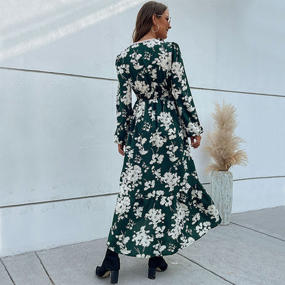 Green Floral Midi Dress with V-Neck and Slit Hem