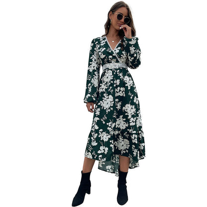 Green Floral Midi Dress with V-Neck and Slit Hem