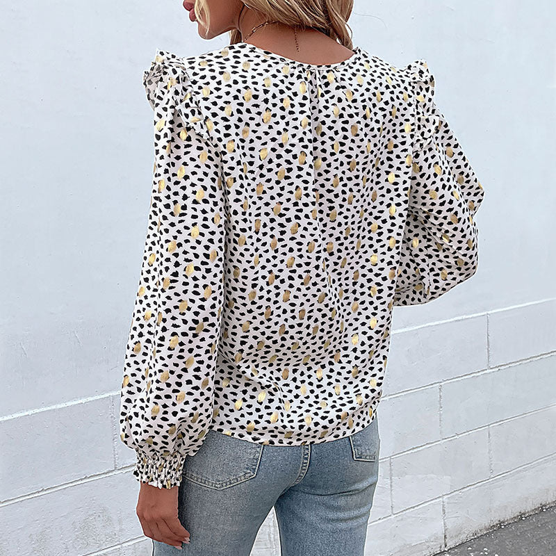 Speckled Blouse with V-Neck and Ruffle Shoulders