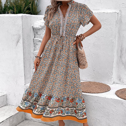Floral A-Line Midi Dress with Lace-Trim V-Neck