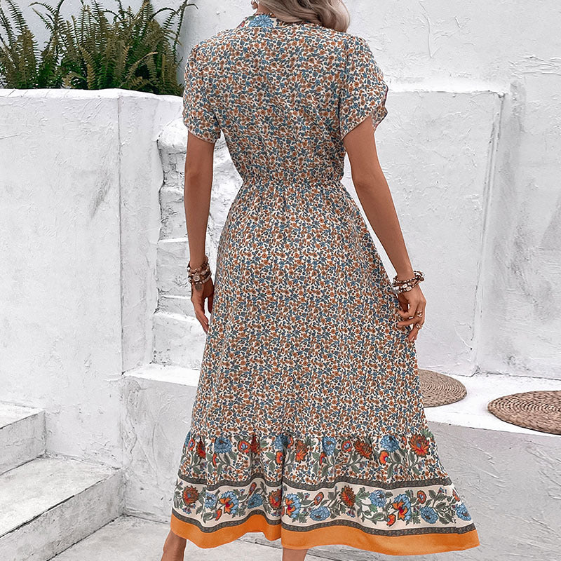 Floral A-Line Midi Dress with Lace-Trim V-Neck
