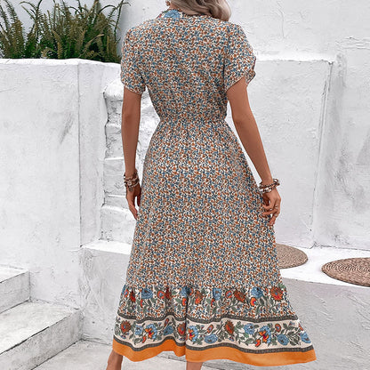 Floral A-Line Midi Dress with Lace-Trim V-Neck