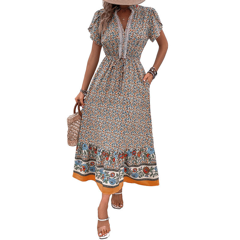 Floral A-Line Midi Dress with Lace-Trim V-Neck
