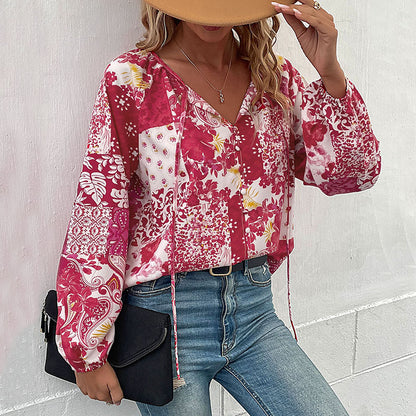 Patchwork Floral Blouse with V-Neck and Balloon Sleeves