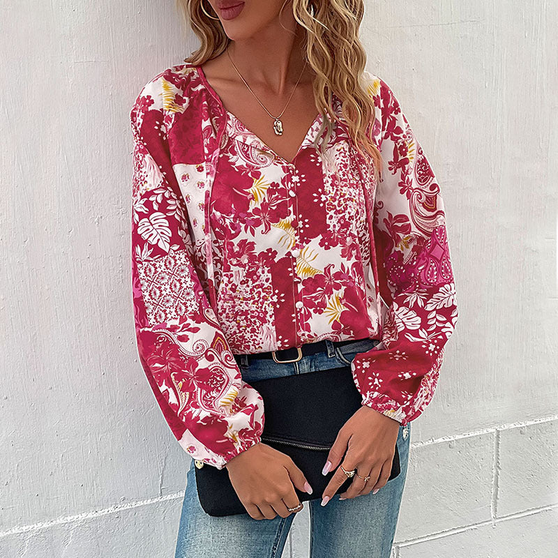 Patchwork Floral Blouse with V-Neck and Balloon Sleeves