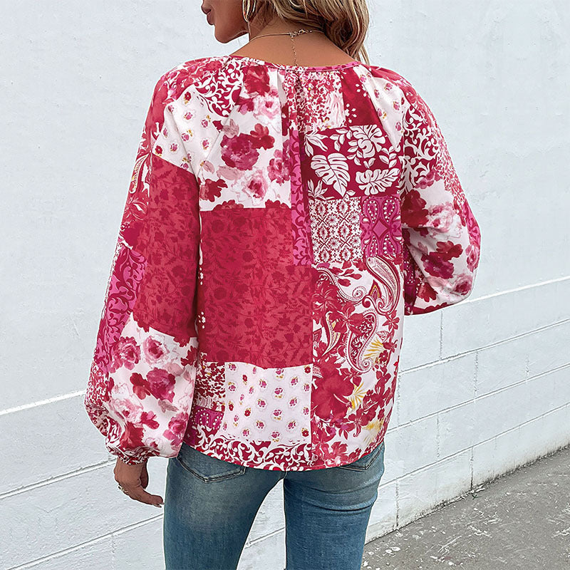 Patchwork Floral Blouse with V-Neck and Balloon Sleeves