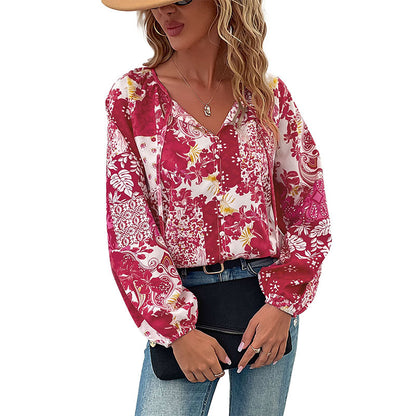 Patchwork Floral Blouse with V-Neck and Balloon Sleeves