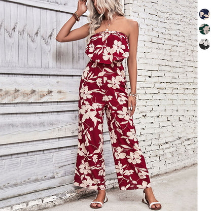Floral Print Wide-Leg Jumpsuit with Strapless Ruffle Bodice