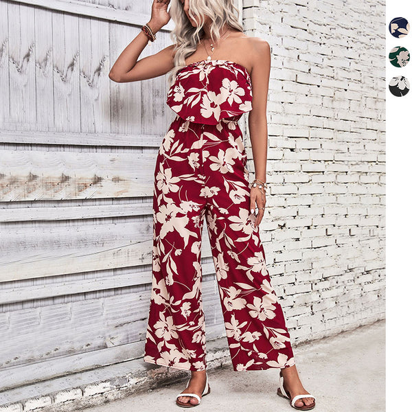 Floral Print Wide-Leg Jumpsuit with Strapless Ruffle Bodice