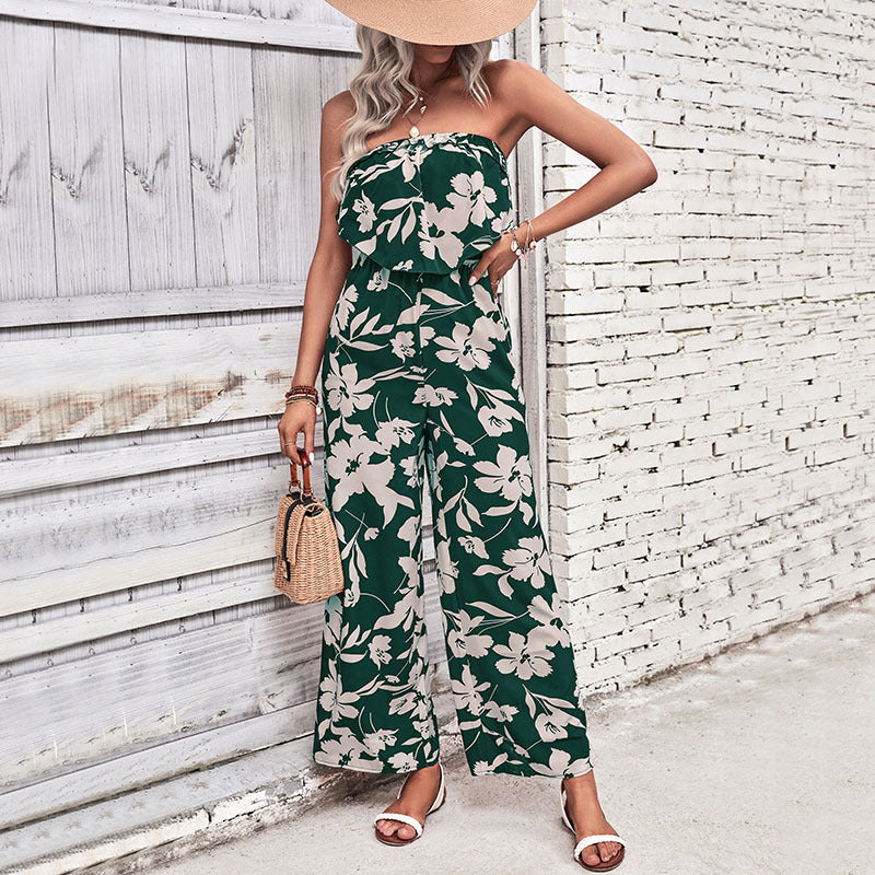 Floral Print Wide-Leg Jumpsuit with Strapless Ruffle Bodice