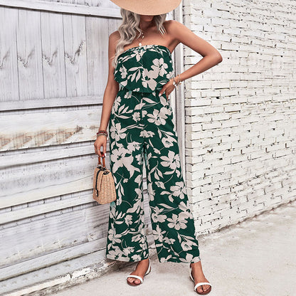 Floral Print Wide-Leg Jumpsuit with Strapless Ruffle Bodice