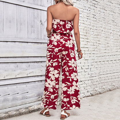 Floral Print Wide-Leg Jumpsuit with Strapless Ruffle Bodice