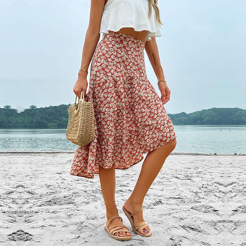 Tiered Floral Midi Skirt with High Waist and Irregular Hem