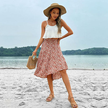 Tiered Floral Midi Skirt with High Waist and Irregular Hem