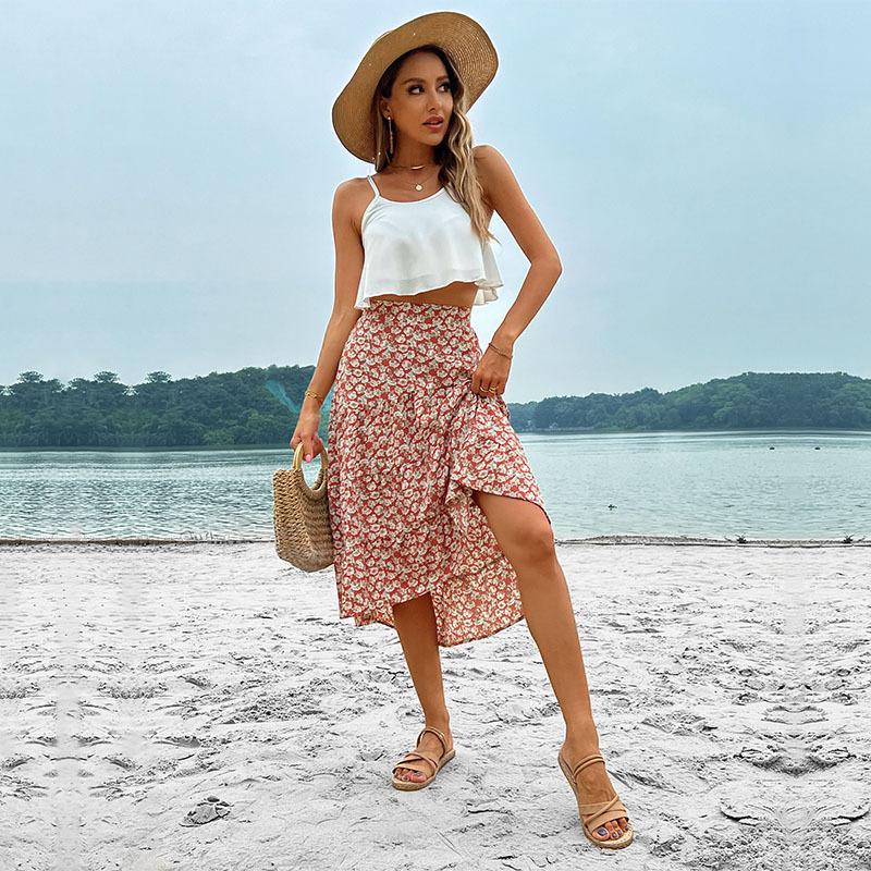 Tiered Floral Midi Skirt with High Waist and Irregular Hem
