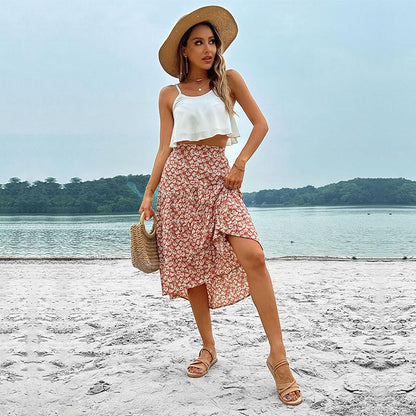 Tiered Floral Midi Skirt with High Waist and Irregular Hem