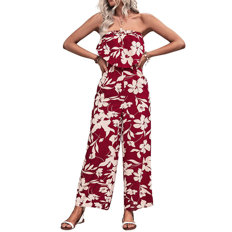 Floral Print Wide-Leg Jumpsuit with Strapless Ruffle Bodice