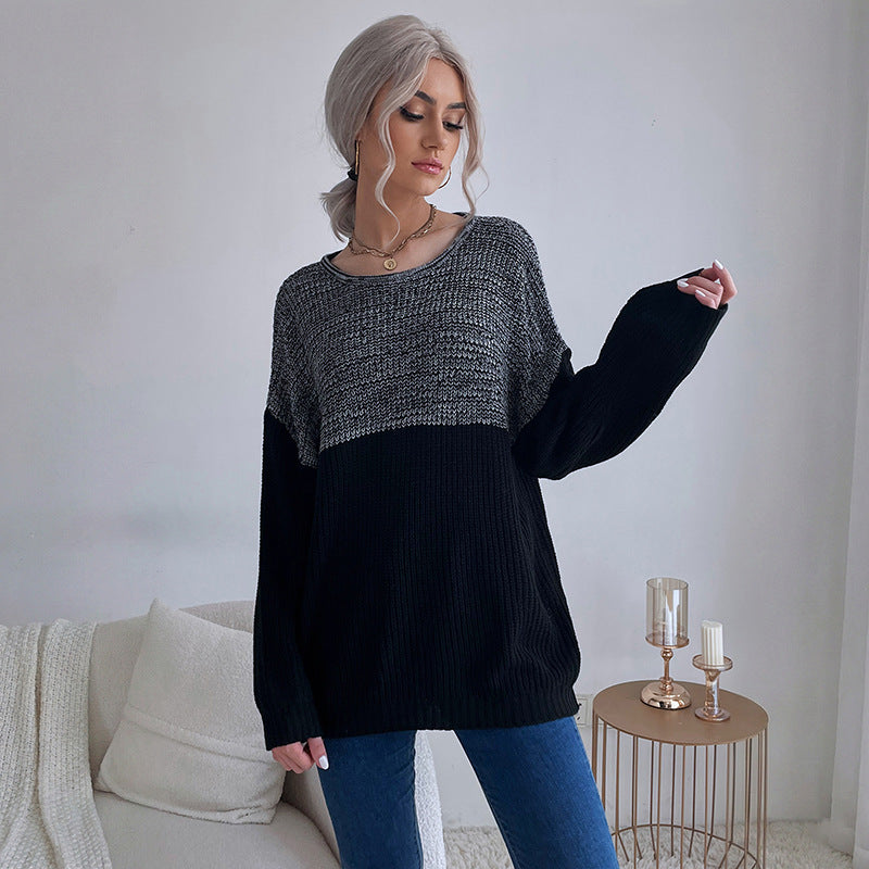 Oversized Color-Blocked Knit Sweater with Crewneck
