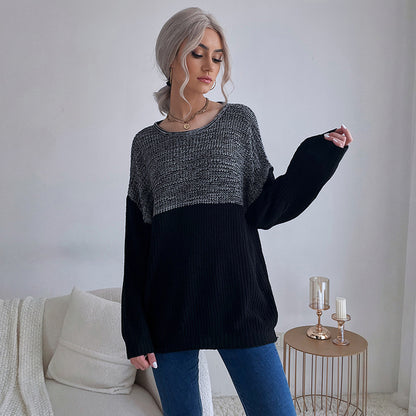 Oversized Color-Blocked Knit Sweater with Crewneck