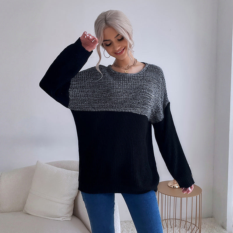 Oversized Color-Blocked Knit Sweater with Crewneck