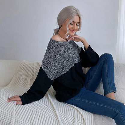 Oversized Color-Blocked Knit Sweater with Crewneck