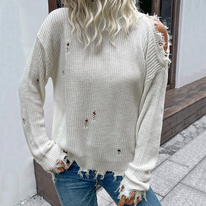 Loose Distressed Knit Pullover with Cold Shoulder Detail