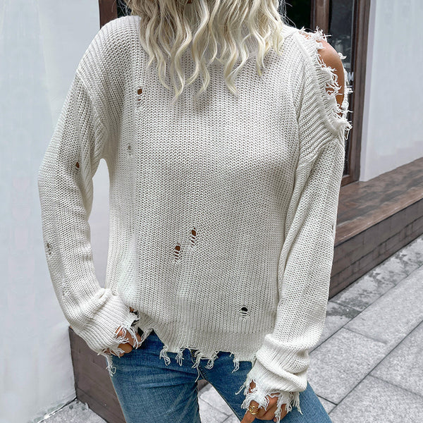 Loose Distressed Knit Pullover with Cold Shoulder Detail