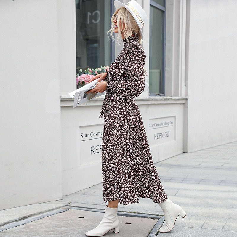 Floral Print A-Line Midi Dress with High Neck