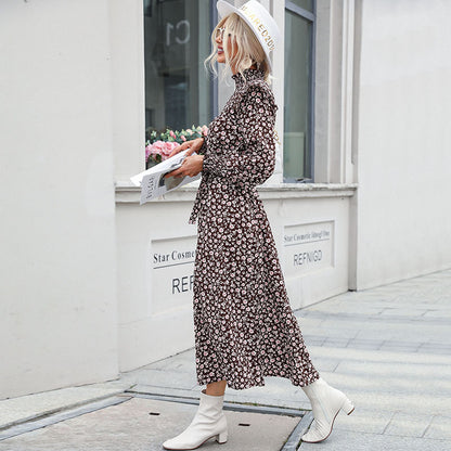 Floral Print A-Line Midi Dress with High Neck