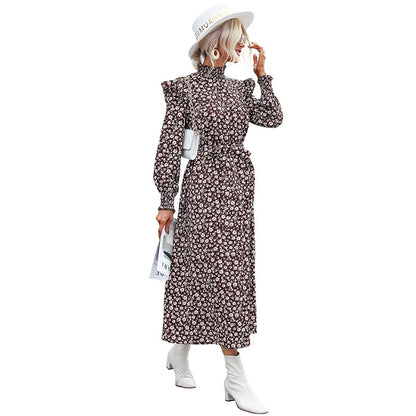 Floral Print A-Line Midi Dress with High Neck