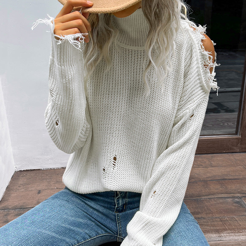 Loose Distressed Knit Pullover with Cold Shoulder Detail