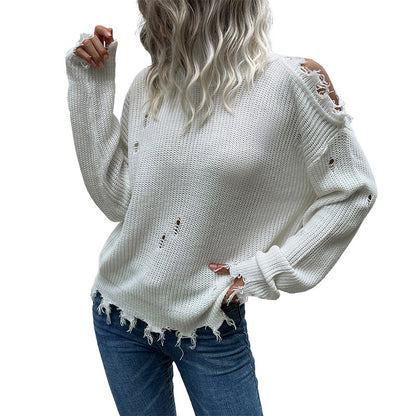 Loose Distressed Knit Pullover with Cold Shoulder Detail
