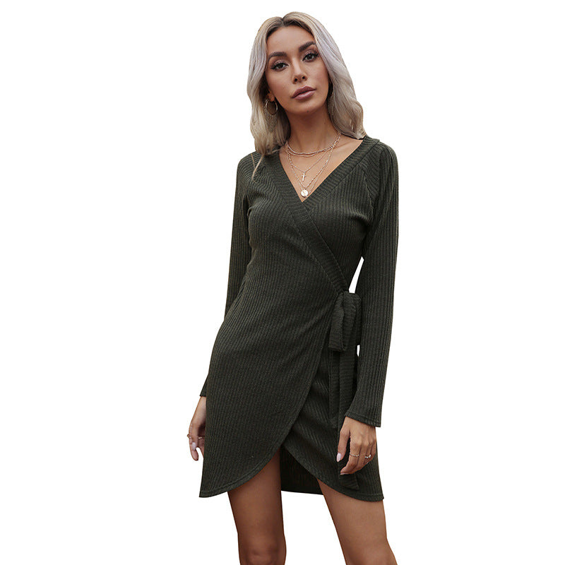 Ribbed Wrap Mini Dress with V-Neck and Long Sleeves