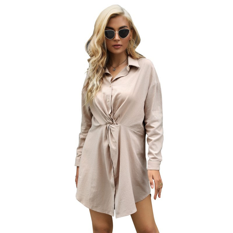 Solid Long-Sleeve Shirt Dress with Knot Front